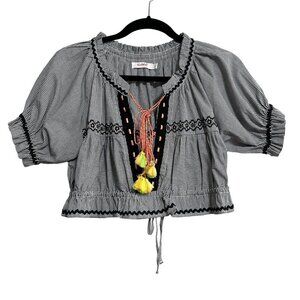 Kudeta by Zee Embroidered Boho Peasant Tassel Tie Festival Crop Top Size S